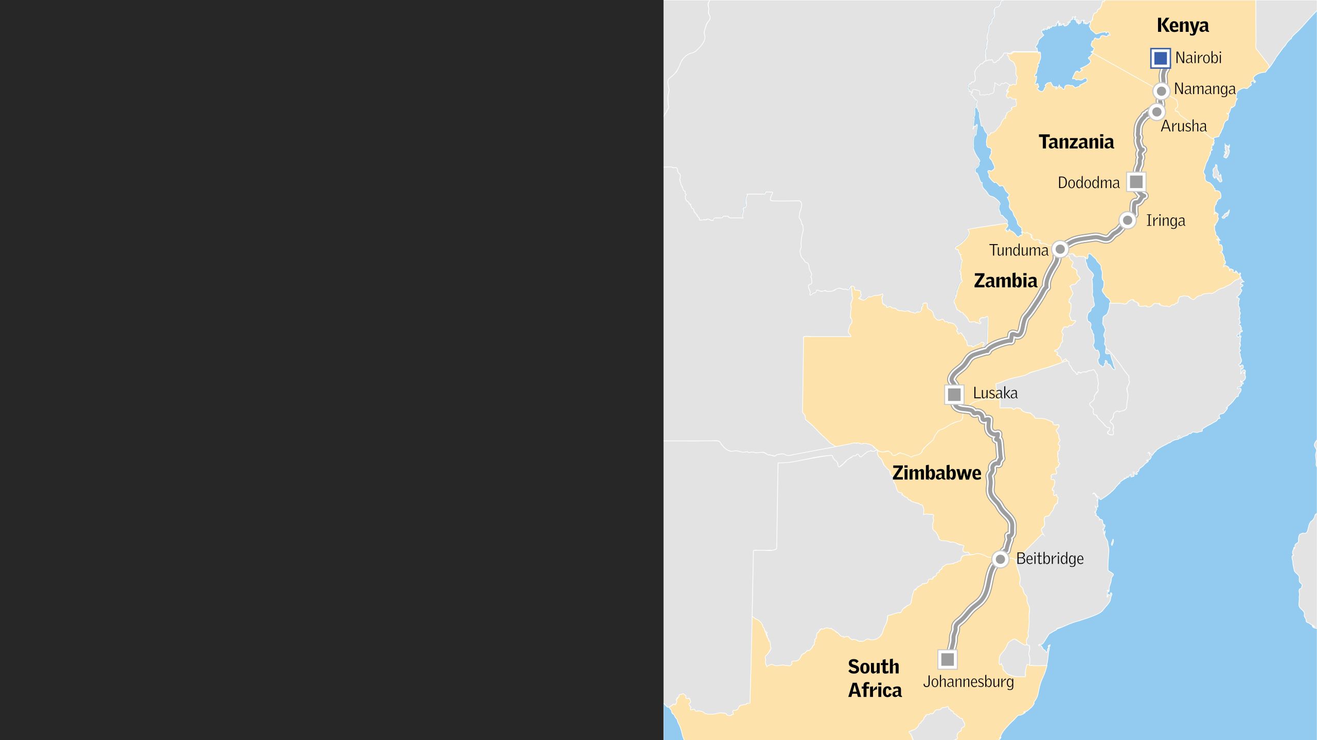 Map of route used by smugglers from Nairobi to Johannesburg.