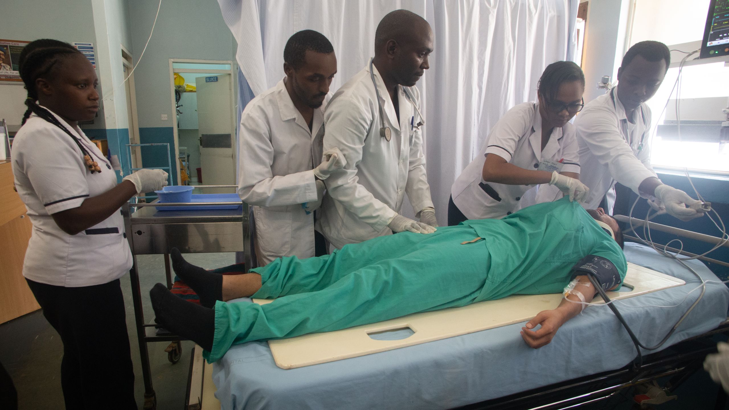 Staff at AIC Kijabe hospital during an in-house training on emergency medical response.