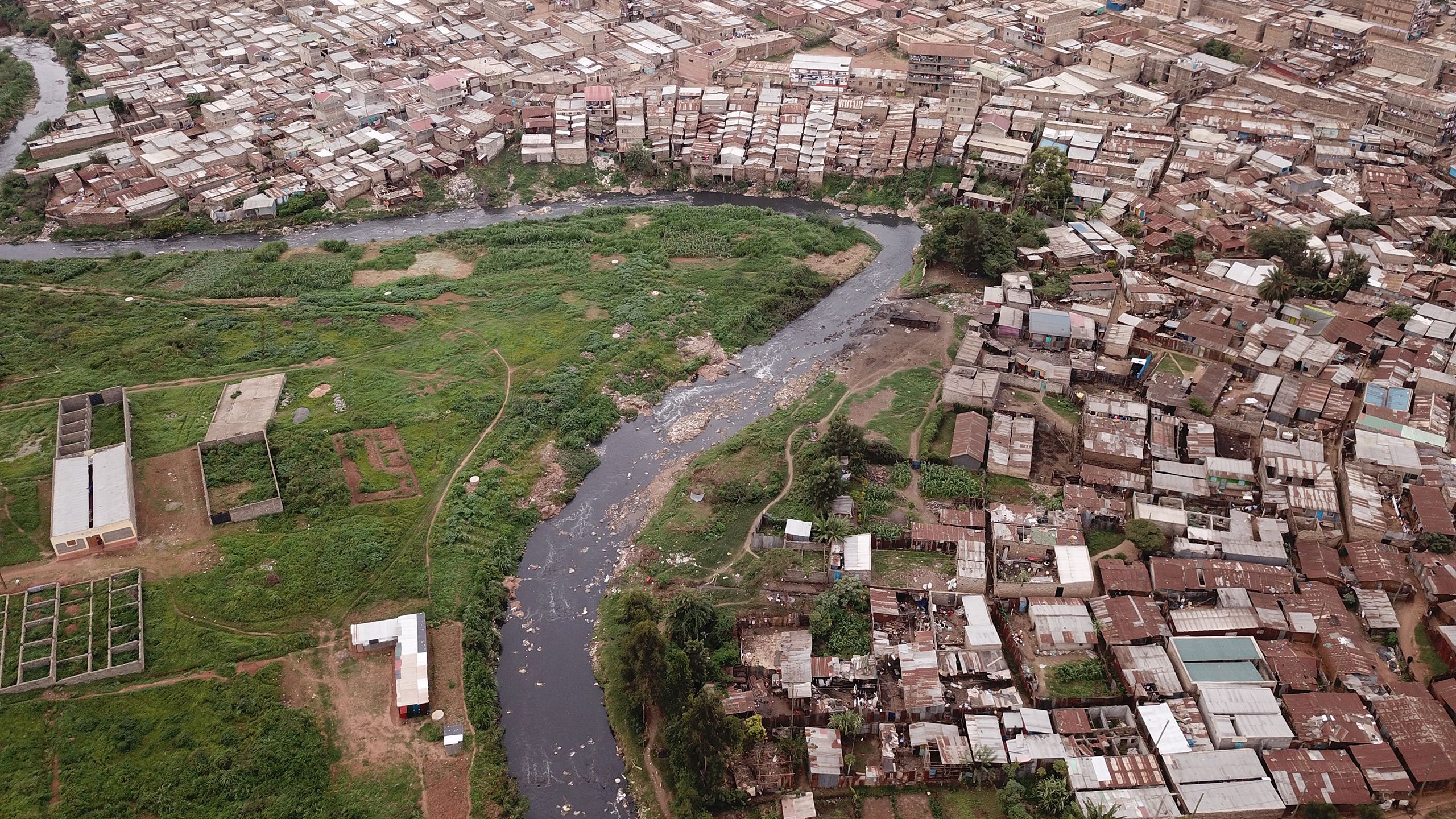 An aerial shot of Nairobi River in Dandora.